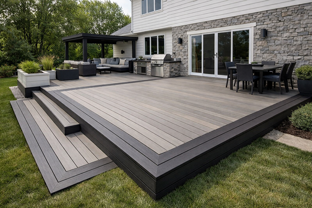 Large two-tone composite deck with wide steps, outdoor kitchen and pergola lounge beside a stone-faced home